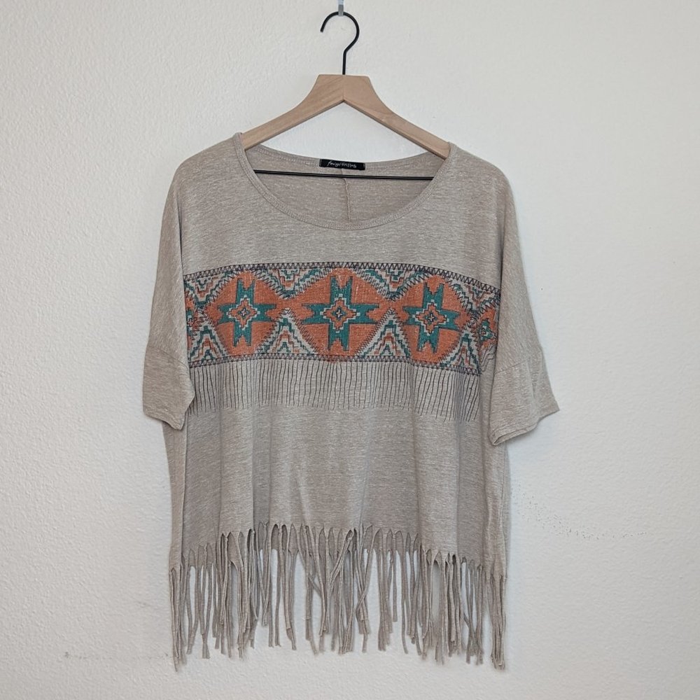 Foreign Exchange Aztec graphic Shirt with Fringe at Bottom Size Medium